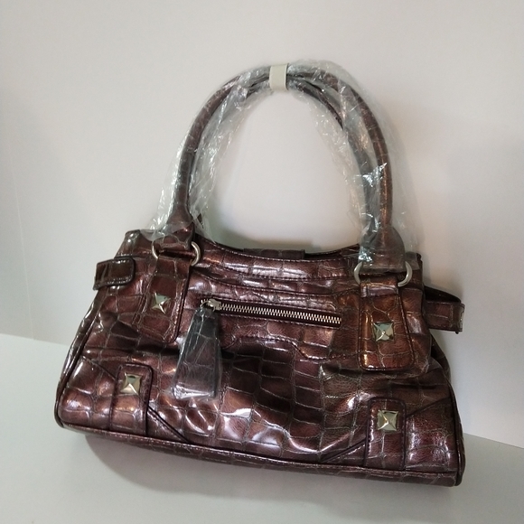 Faux alligator purple handbag NWOT purple leopard - Picture 3 of 11